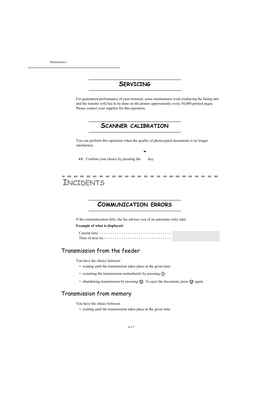 Servicing, Scanner calibration, Incidents | Communication errors, Transmission from the feeder, Transmission from memory, P. 6-17, Ncidents, Ervicing, Canner | TA Triumph-Adler MFP 980 User Manual | Page 110 / 125