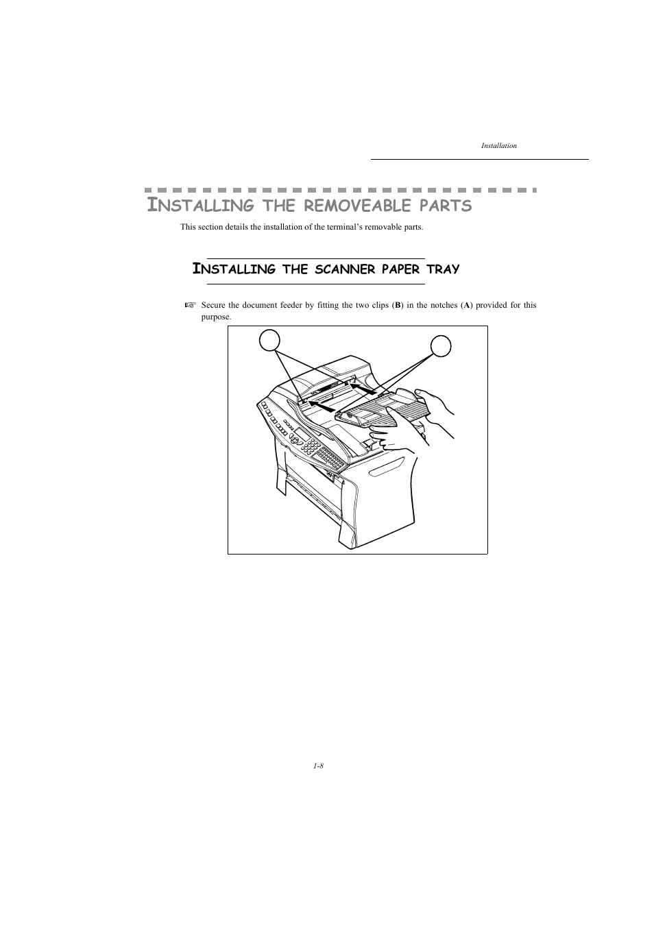 Installing the removeable parts, Installing the scanner paper tray, Nstalling | Removeable, Parts | TA Triumph-Adler MFP 980 User Manual | Page 15 / 125