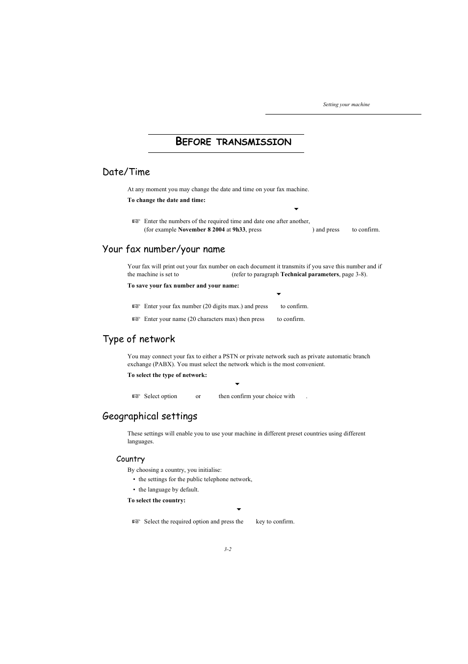 Before transmission, Date/time, Your fax number/your name | Type of network, Geographical settings, P. 3-2, Efore, Transmission | TA Triumph-Adler MFP 980 User Manual | Page 39 / 125