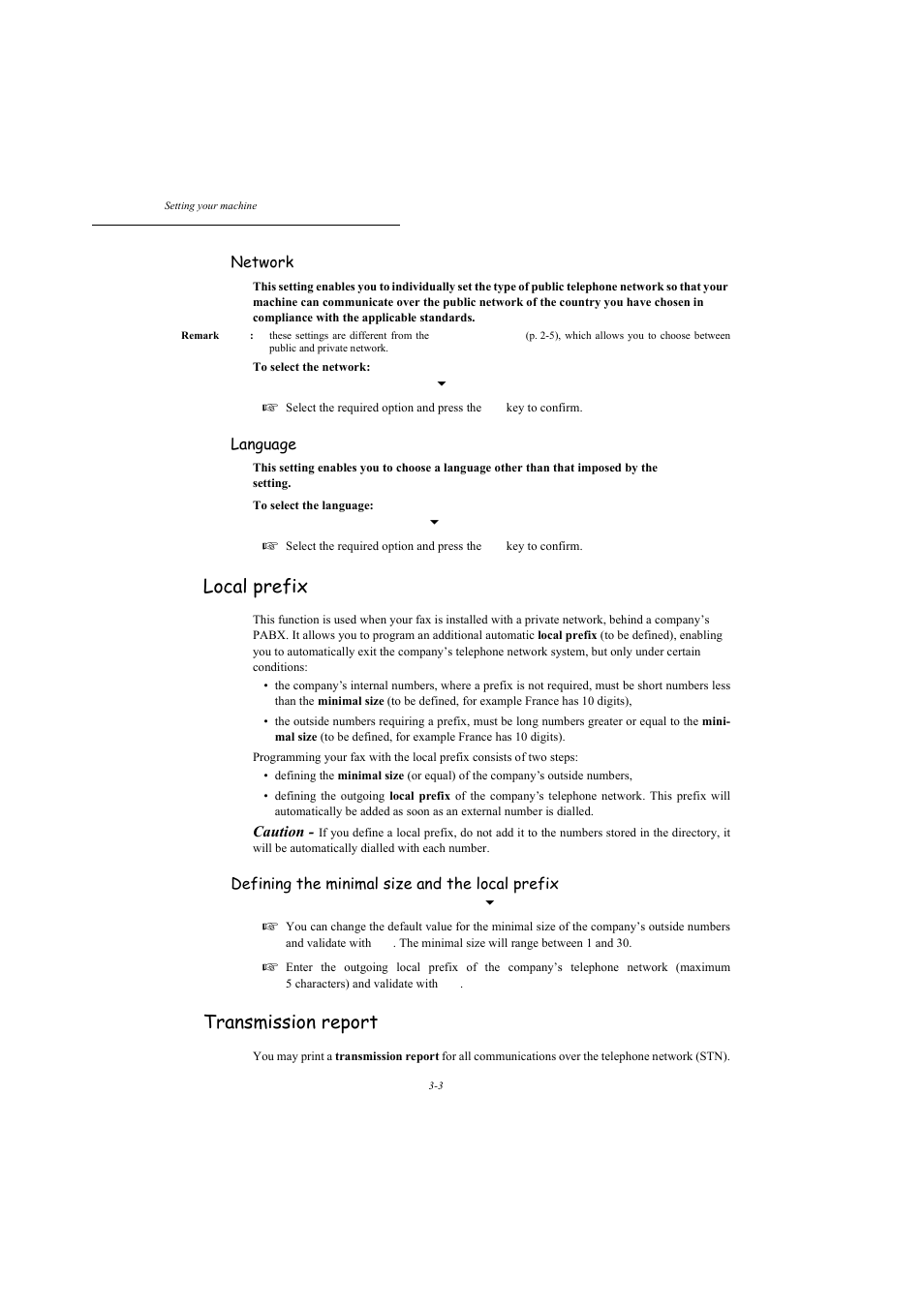 Local prefix, Transmission report, P. 3-3 | Network, Language, Caution, Defining the minimal size and the local prefix | TA Triumph-Adler MFP 980 User Manual | Page 40 / 125