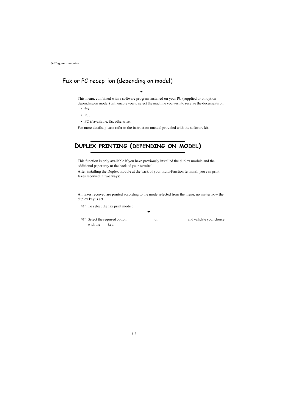 Duplex printing (depending on model), Fax or pc reception (depending on model), P. 3-7 | Uplex, Printing, Depending, Model | TA Triumph-Adler MFP 980 User Manual | Page 44 / 125