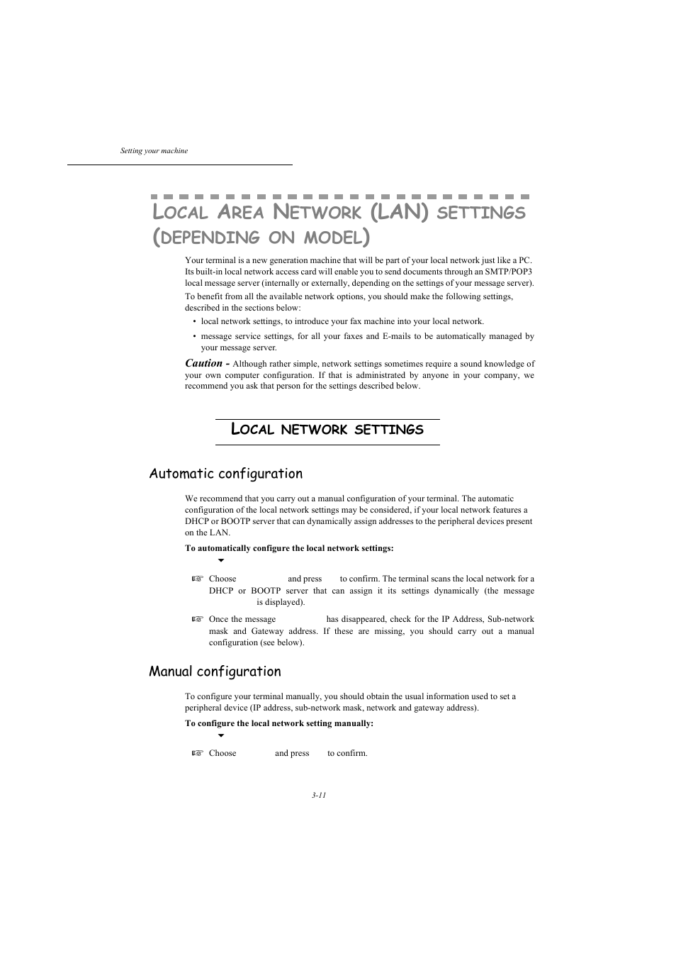 Local network settings, Automatic configuration, Manual configuration | P. 3-11, Lan), Ocal, Etwork, Settings, Depending, Model | TA Triumph-Adler MFP 980 User Manual | Page 48 / 125