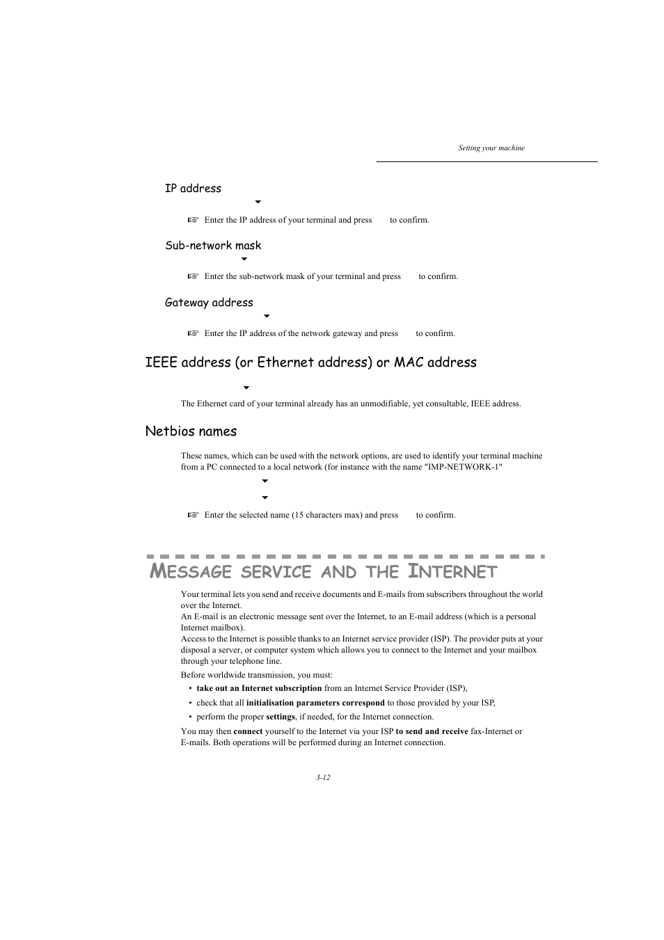 Message service and the internet, Ieee address (or ethernet address) or mac address, Netbios names | P. 3-12, Essage, Service, Nternet | TA Triumph-Adler MFP 980 User Manual | Page 49 / 125