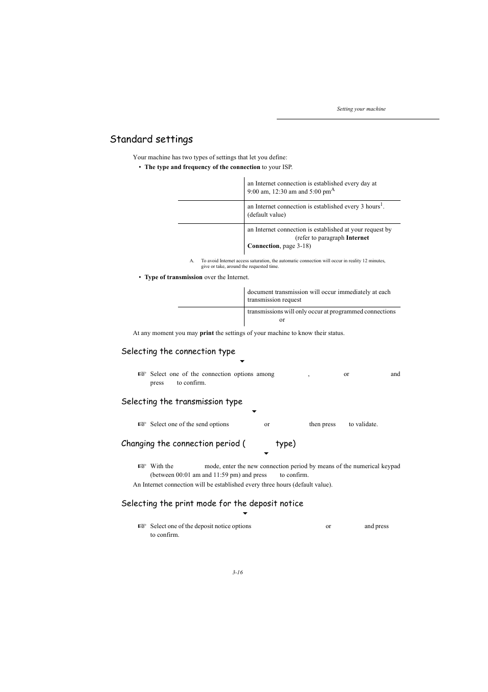 Standard settings, P. 3-16, Selecting the connection type | Selecting the transmission type, Changing the connection period, Type), Selecting the print mode for the deposit notice | TA Triumph-Adler MFP 980 User Manual | Page 53 / 125