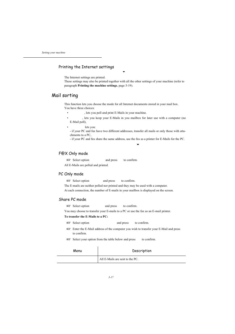 Mail sorting, P. 3-17, Printing the internet settings | F@x only mode, Pc only mode, Share pc mode | TA Triumph-Adler MFP 980 User Manual | Page 54 / 125