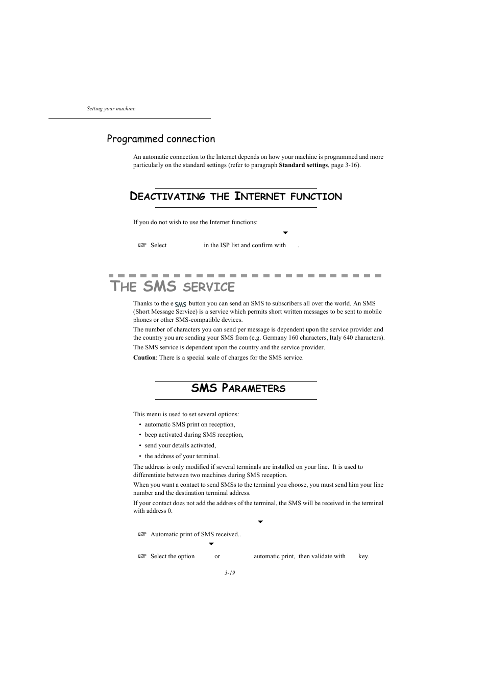 Deactivating the internet function, The sms service, Sms parameters | Programmed connection, P. 3-19, Service, Sms p, Eactivating, Nternet, Function | TA Triumph-Adler MFP 980 User Manual | Page 56 / 125