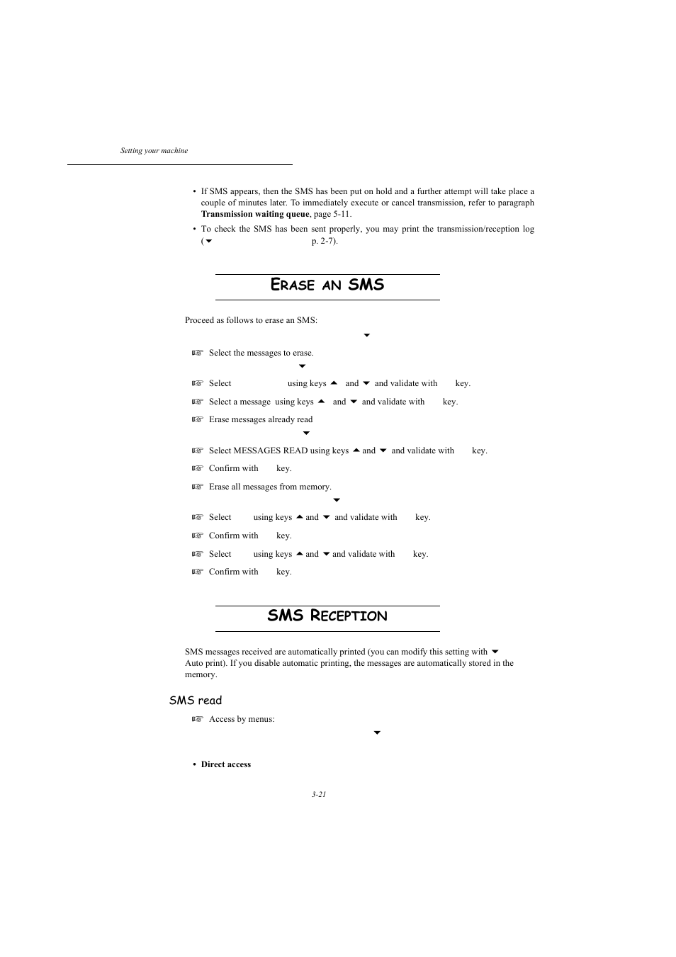 Erase an sms, Sms reception, P. 3-21 | Sms r, Rase, Eception | TA Triumph-Adler MFP 980 User Manual | Page 58 / 125