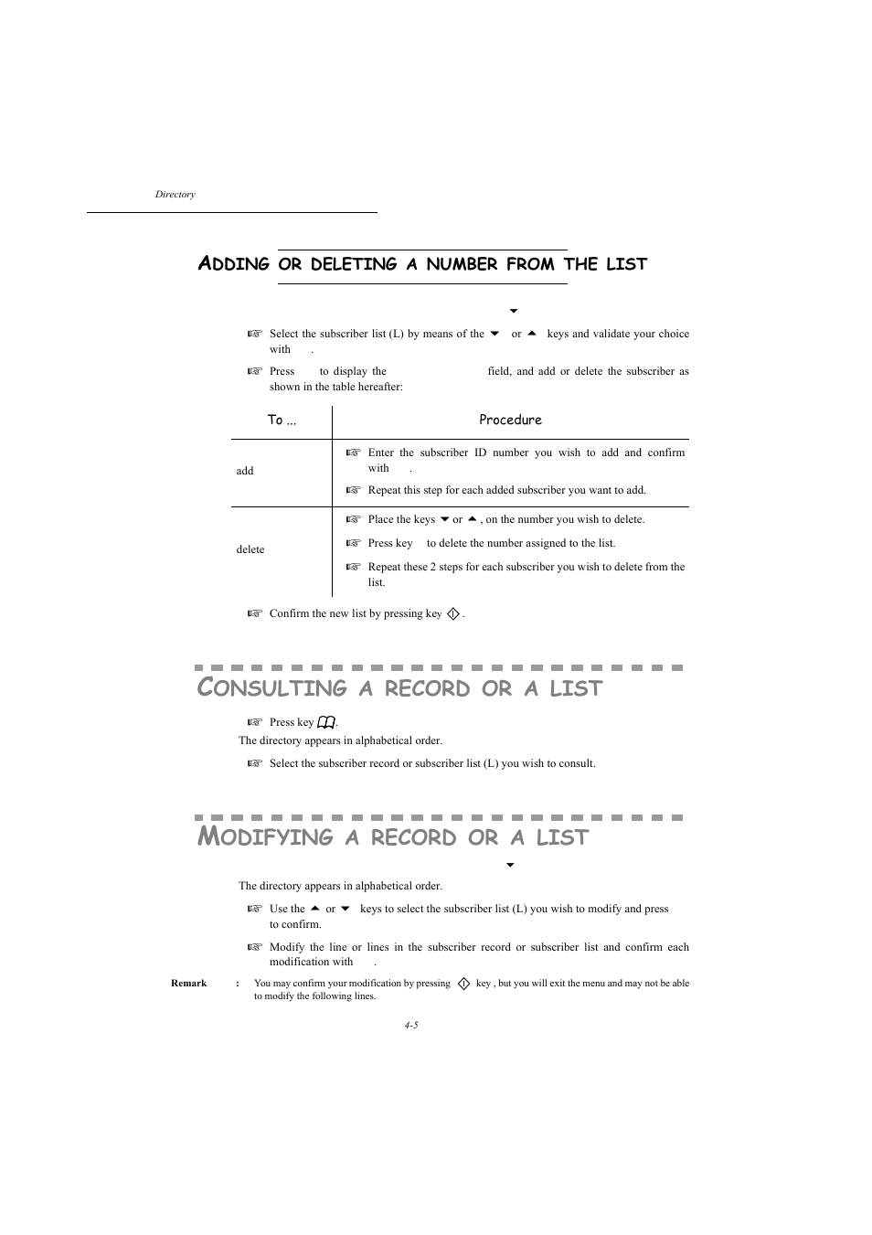 Adding or deleting a number from the list, Consulting a record or a list, Modifying a record or a list | P. 4-5, Onsulting, Record, List, Odifying | TA Triumph-Adler MFP 980 User Manual | Page 64 / 125