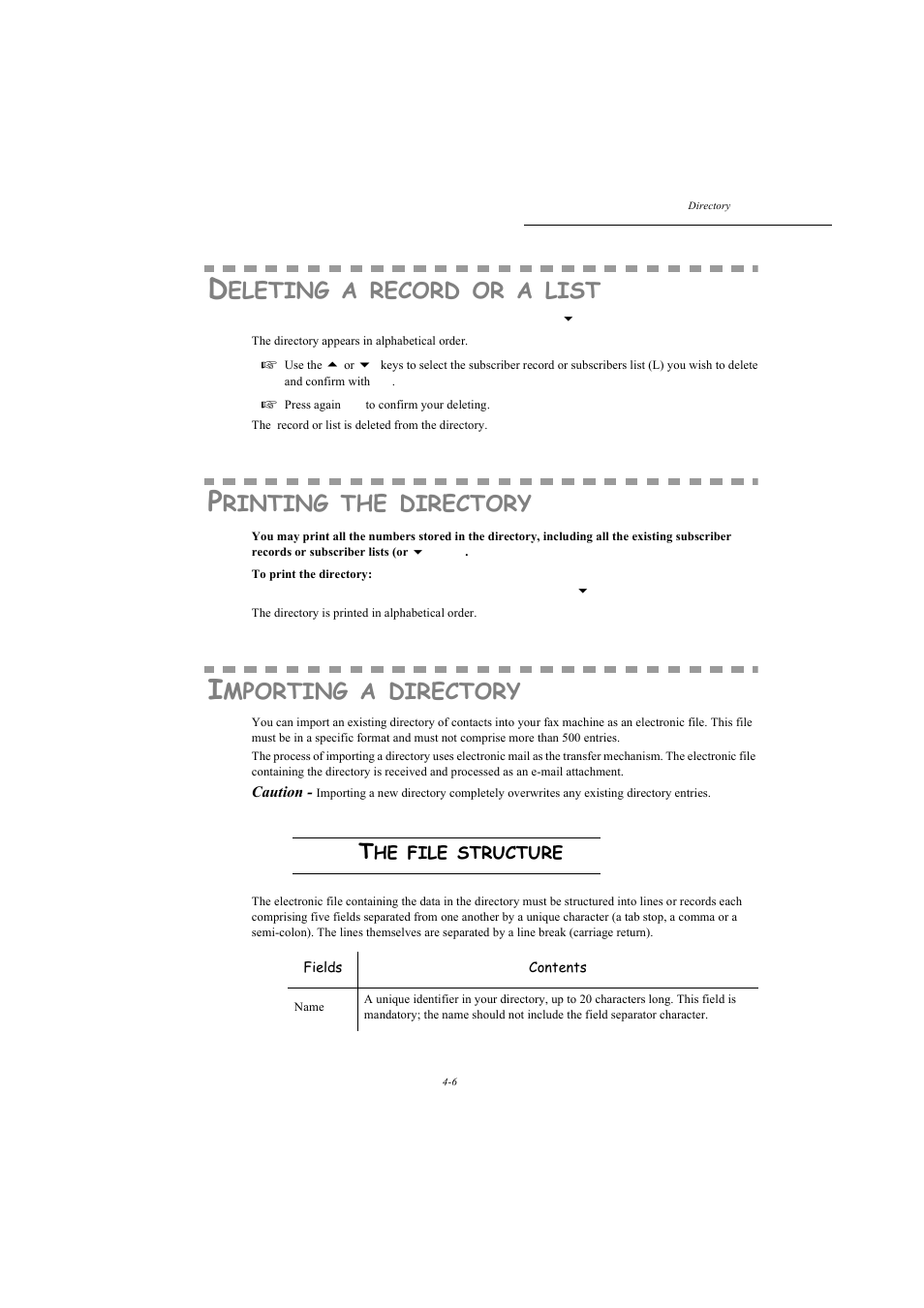 Deleting a record or a list, Printing the directory, Importing a directory | The file structure, P. 4-6, Eleting, Record, List, Rinting, Directory | TA Triumph-Adler MFP 980 User Manual | Page 65 / 125