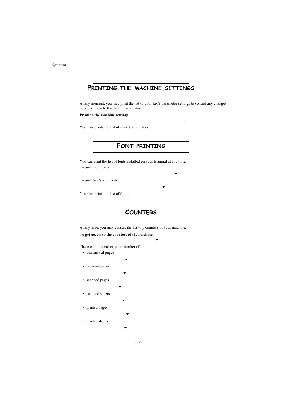 Printing the machine settings, Font printing, Counters | P. 5-19, Rinting, Machine, Settings, Printing, Ounters | TA Triumph-Adler MFP 980 User Manual | Page 86 / 125