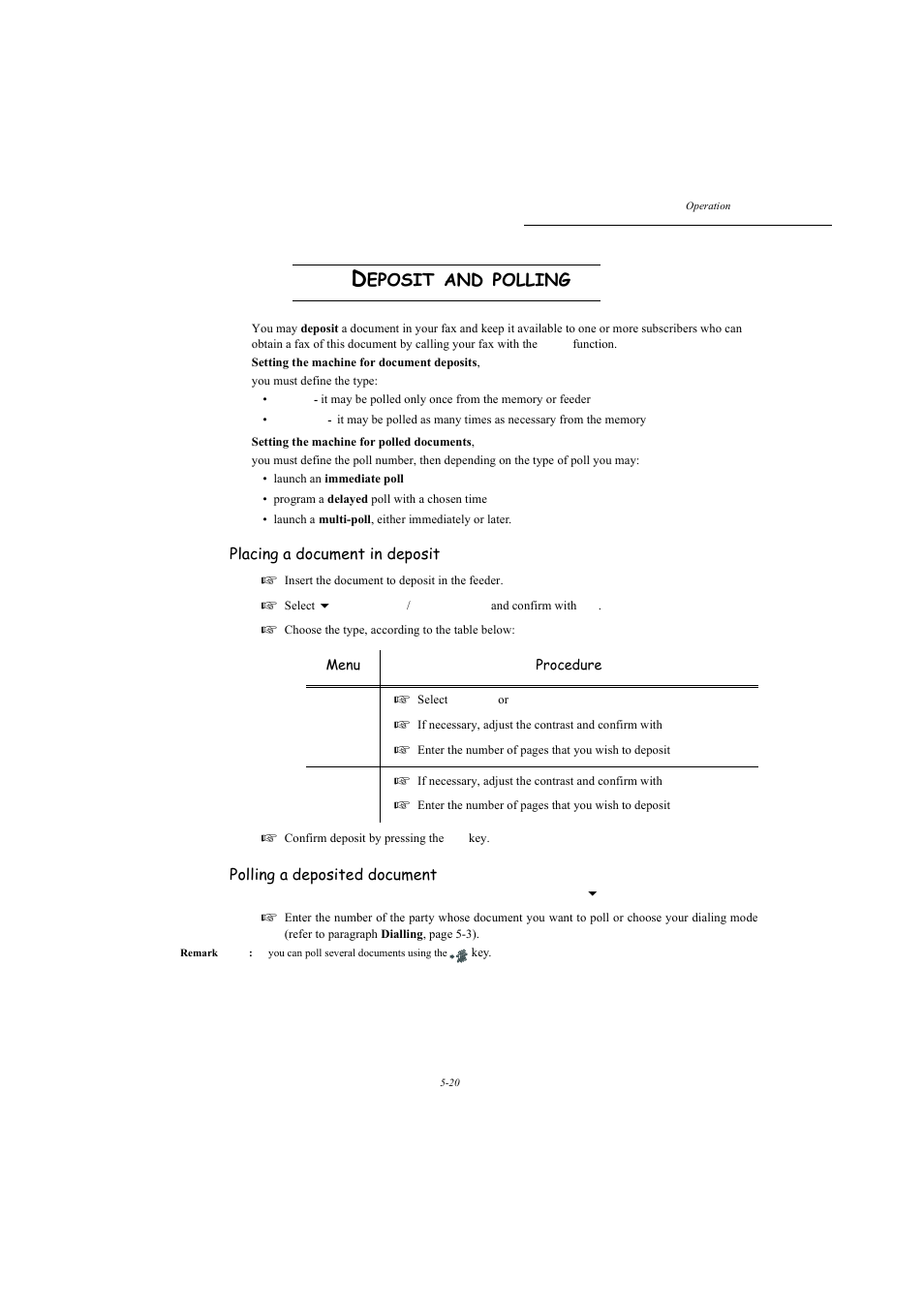 Deposit and polling, P. 5-20, Eposit | Polling, Placing a document in deposit, Polling a deposited document | TA Triumph-Adler MFP 980 User Manual | Page 87 / 125