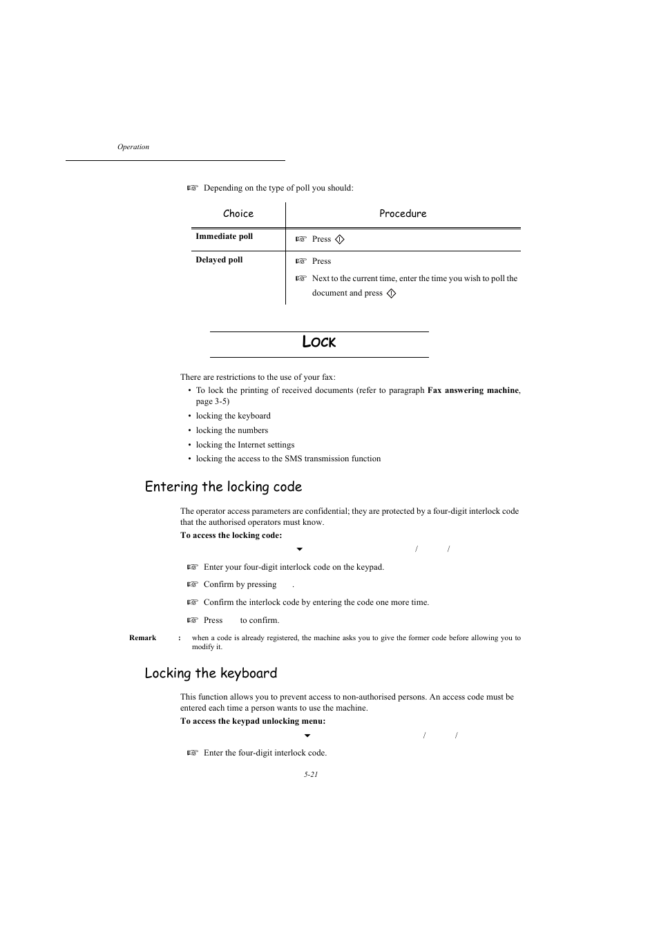 Lock, Entering the locking code, Locking the keyboard | P. 5-21 | TA Triumph-Adler MFP 980 User Manual | Page 88 / 125