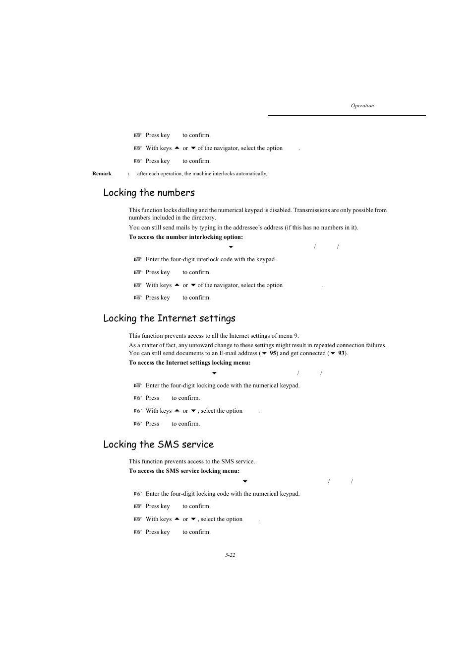 Locking the numbers, Locking the internet settings, Locking the sms service | P. 5-22 | TA Triumph-Adler MFP 980 User Manual | Page 89 / 125