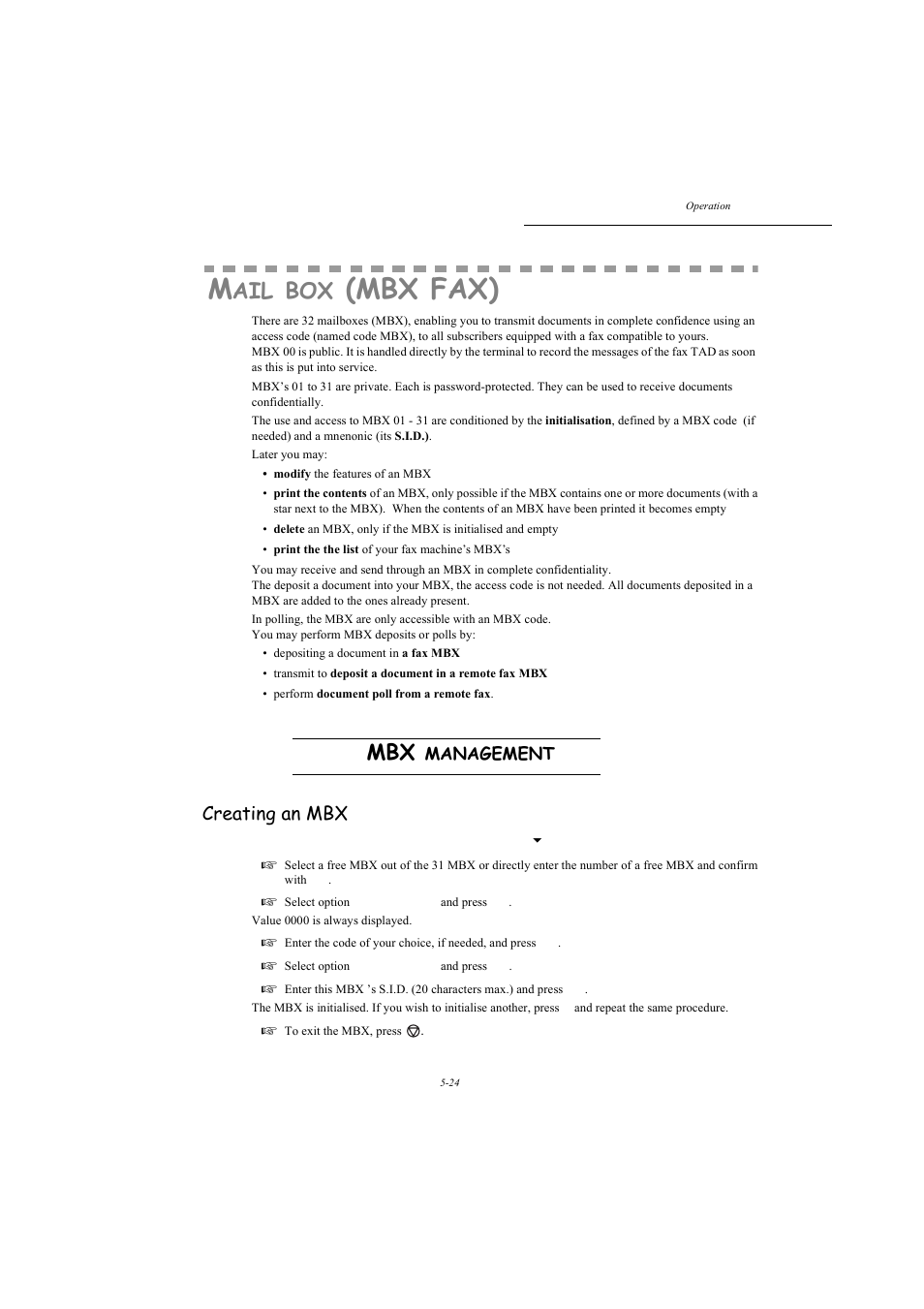 Mail box (mbxfax), Mbx management, Mail box (mbx fax) | Creating an mbx, P. 5-24, Mbx fax), Management | TA Triumph-Adler MFP 980 User Manual | Page 91 / 125