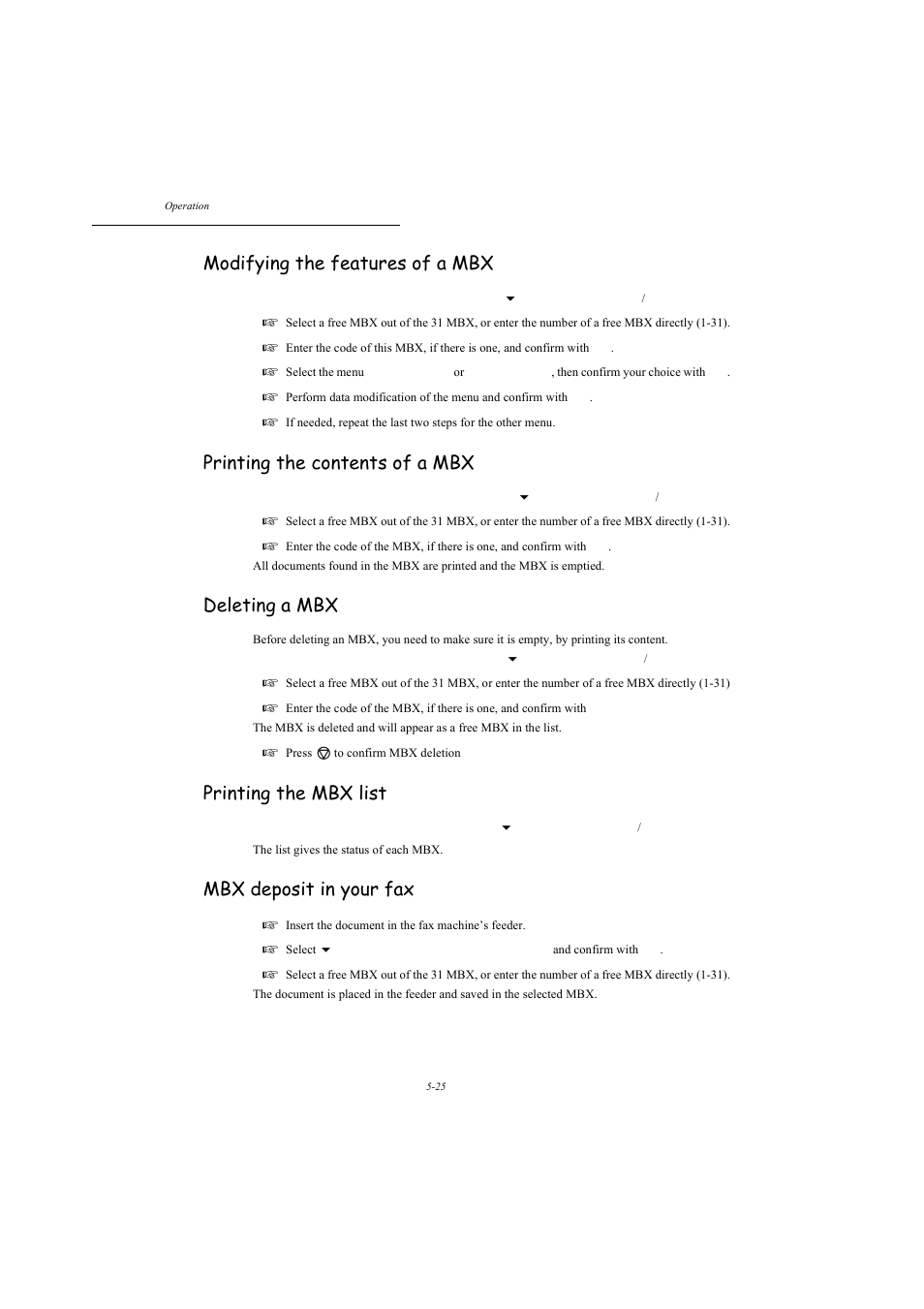 Modifying the features of a mbx, Printing the contents of a mbx, Deleting a mbx | Printing the mbx list, Mbx deposit in your fax, P. 5-25 | TA Triumph-Adler MFP 980 User Manual | Page 92 / 125