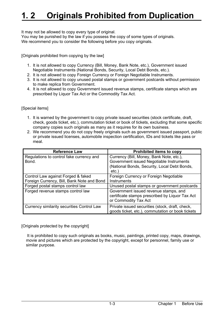 Reference law, Prohibited items to copy, 2 originals prohibited from duplication | TA Triumph-Adler CX 8020 User Manual | Page 10 / 84