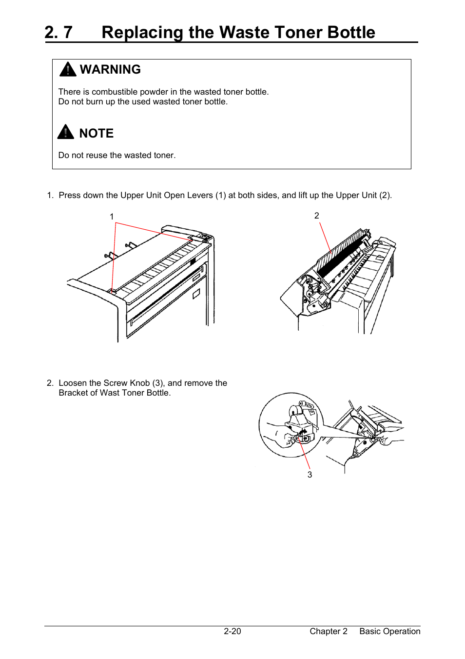 7 replacing the waste toner bottle, Warning | TA Triumph-Adler CX 8020 User Manual | Page 42 / 84