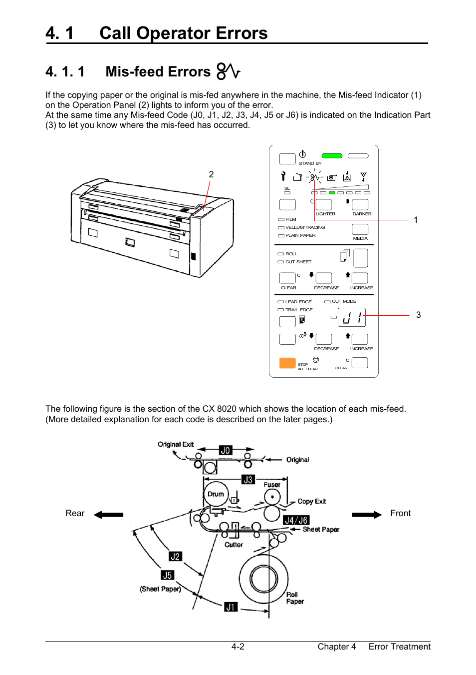 1 call operator errors, 1. 1 mis-feed errors, Front rear 3 1 2 | TA Triumph-Adler CX 8020 User Manual | Page 61 / 84