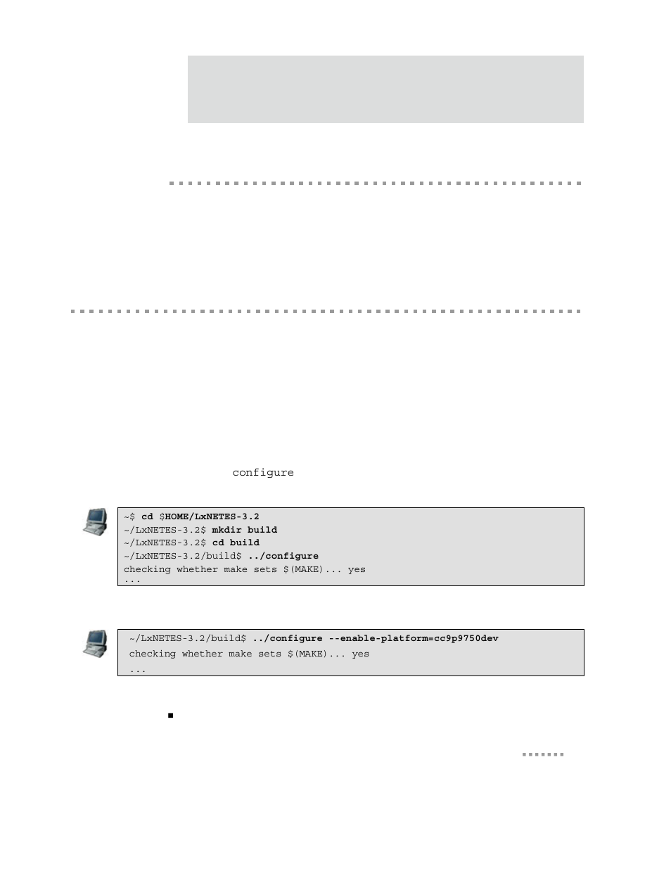Building the first project, Building the default project, Chapter 4 building the first project | Step 1: run configure, Example | Digi 9P 9360/9750 User Manual | Page 29 / 75