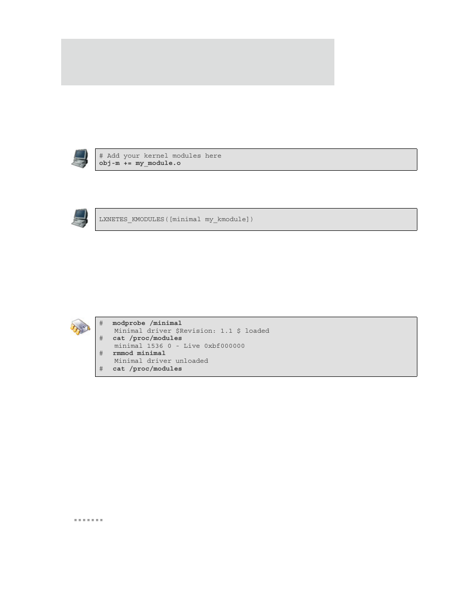 Add the module to the build environment, Building and loading of kernel modules, Included kernel modules | Minimal | Digi 9P 9360/9750 User Manual | Page 40 / 75