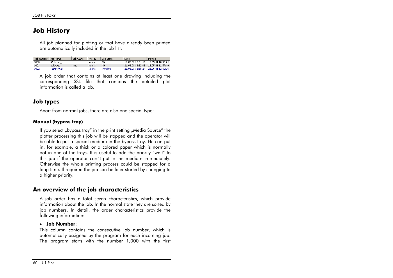 Job history, Job types, Manual (bypass tray) | An overview of the job characteristics | TA Triumph-Adler CX 8682 User Manual | Page 60 / 129