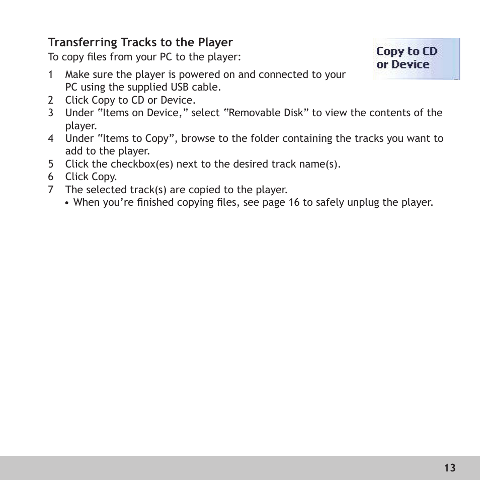 Transferring tracks to the player | Digital Voice Systems Amp128 User Manual | Page 13 / 36