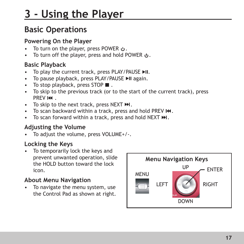 3 - using the player, Basic operations, Powering on the player | Basic playback, Adjusting the volume, Locking the keys, About menu navigation | Digital Voice Systems Amp128 User Manual | Page 17 / 36