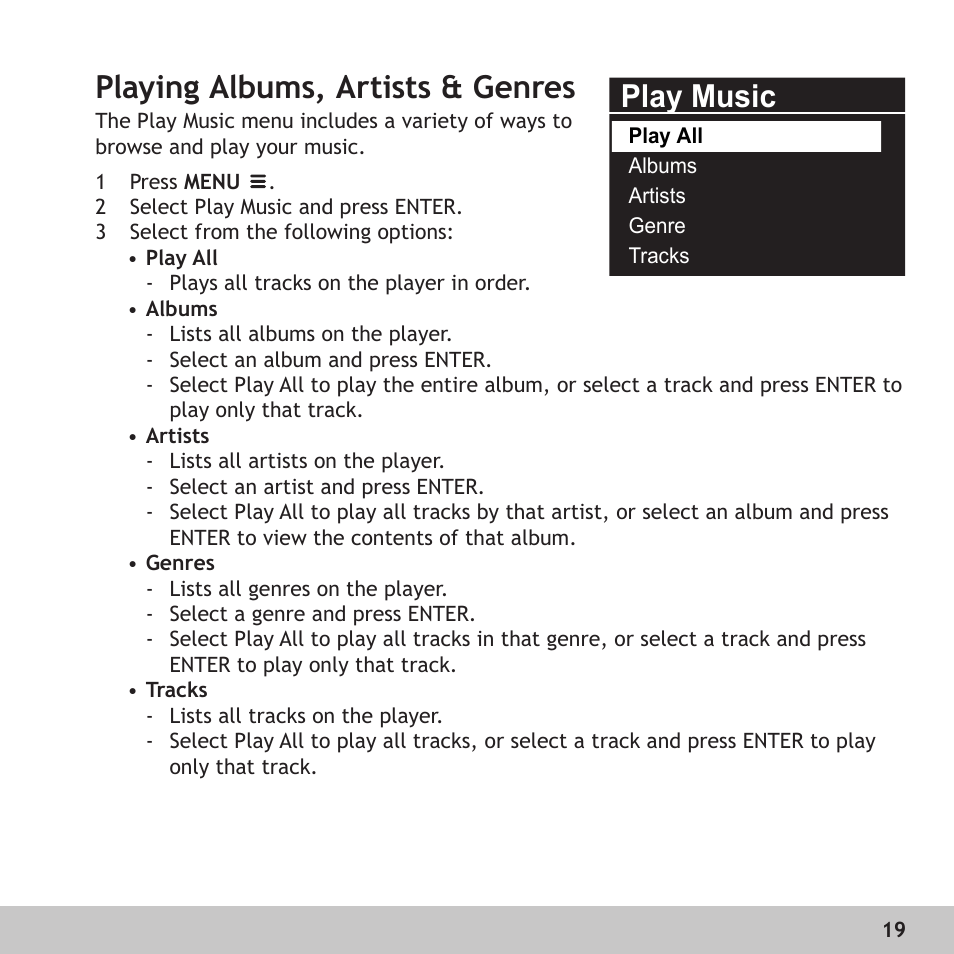 Playing albums, artists & genres, Play music | Digital Voice Systems Amp128 User Manual | Page 19 / 36