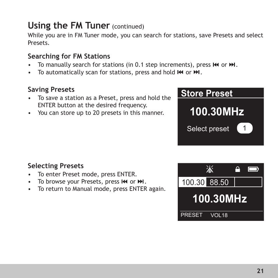 Searching for fm stations, Saving presets, Selecting presets | 30mhz, Using the fm tuner, Store preset | Digital Voice Systems Amp128 User Manual | Page 21 / 36