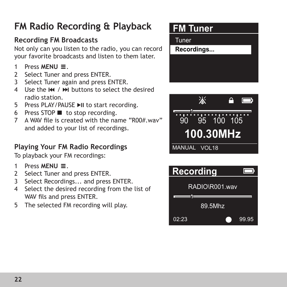 Fm radio recording & playback, Recording fm broadcasts, Playing your fm radio recordings | 30mhz, Fm tuner, Recording | Digital Voice Systems Amp128 User Manual | Page 22 / 36