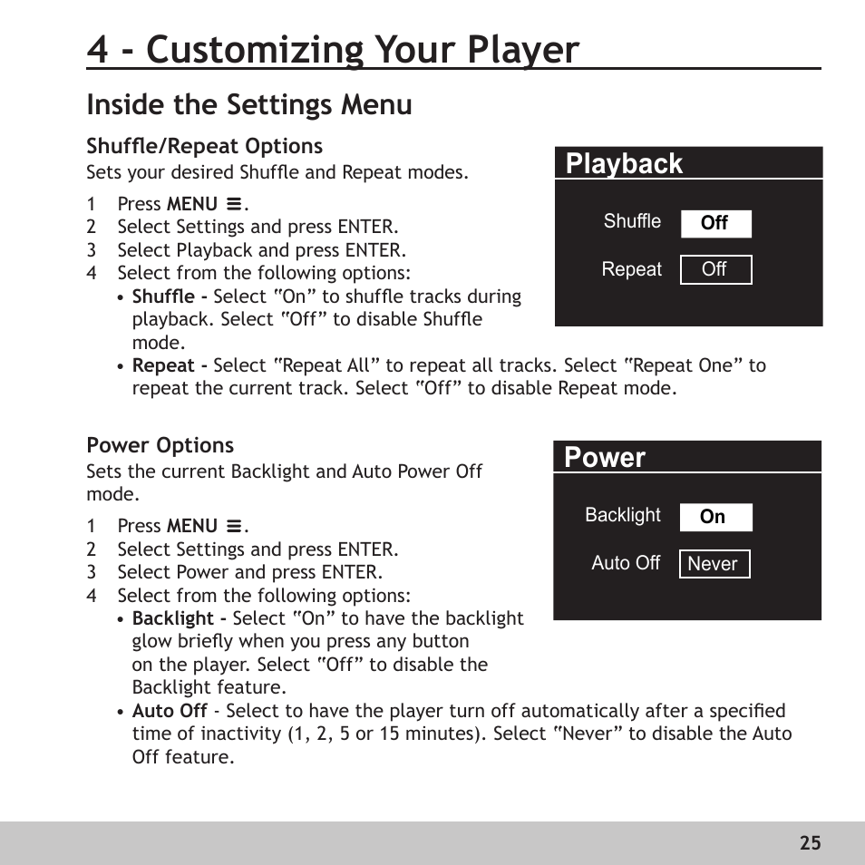4 - customizing your player, Inside the settings menu, Shuffle/repeat options | Power options, Shufﬂe/repeat options, Power, Playback | Digital Voice Systems Amp128 User Manual | Page 25 / 36