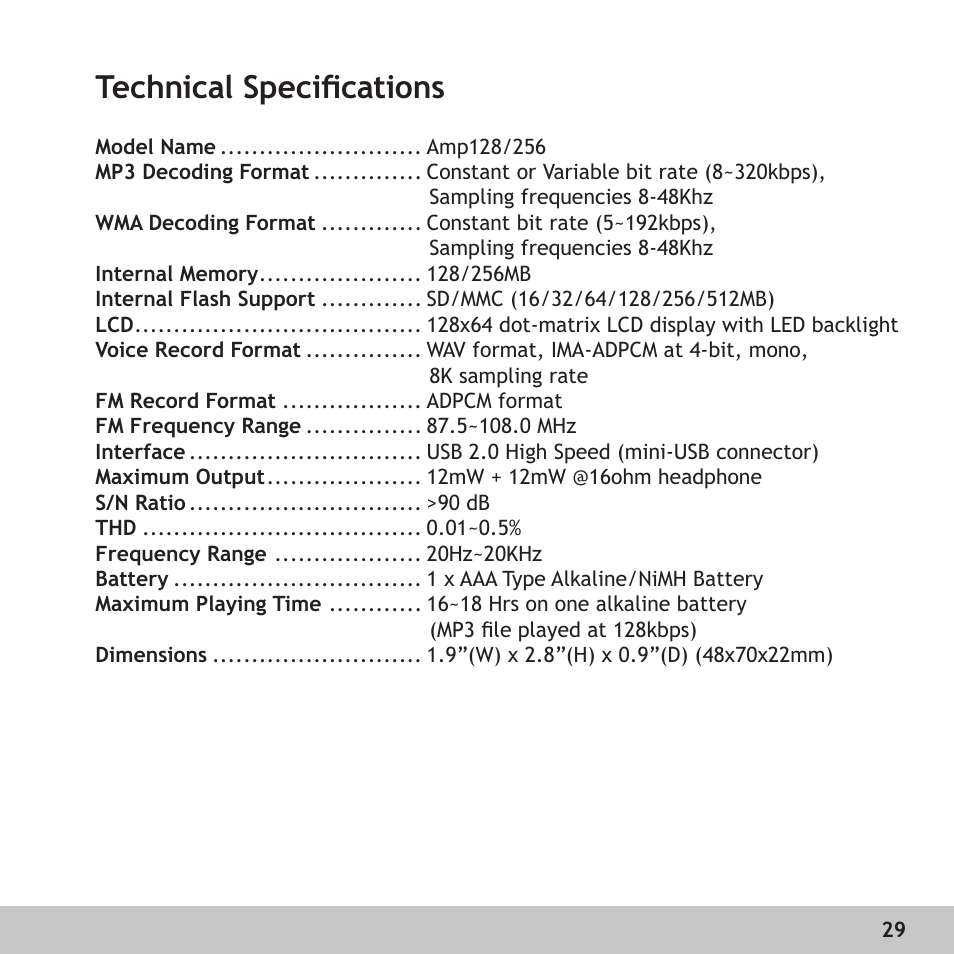 Technical specifications, Technical speciﬁcations | Digital Voice Systems Amp128 User Manual | Page 29 / 36