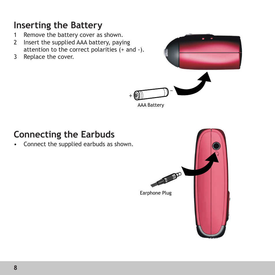 Inserting the battery, Connecting the earbuds | Digital Voice Systems Amp128 User Manual | Page 8 / 36