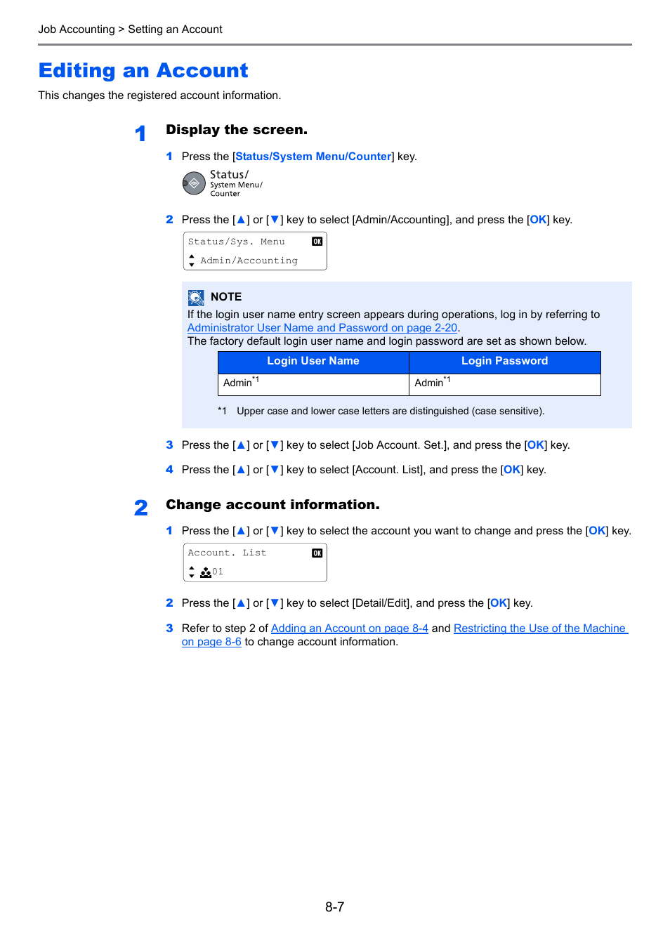 Editing an account, Editing an account -7, Display the screen | Change account information | TA Triumph-Adler 1855 User Manual | Page 159 / 212