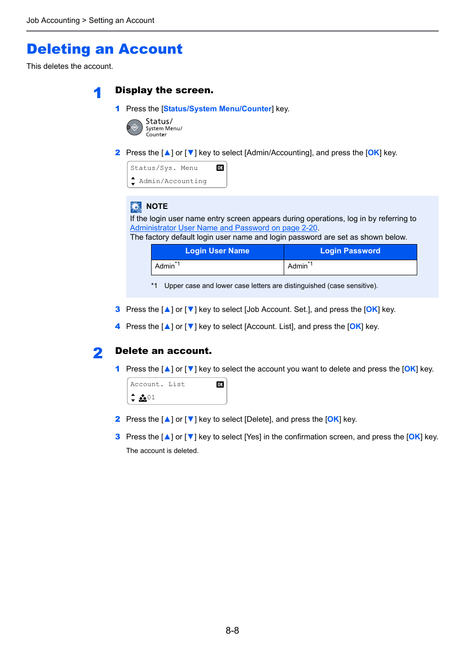 Deleting an account, Deleting an account -8, Display the screen | Delete an account | TA Triumph-Adler 1855 User Manual | Page 160 / 212