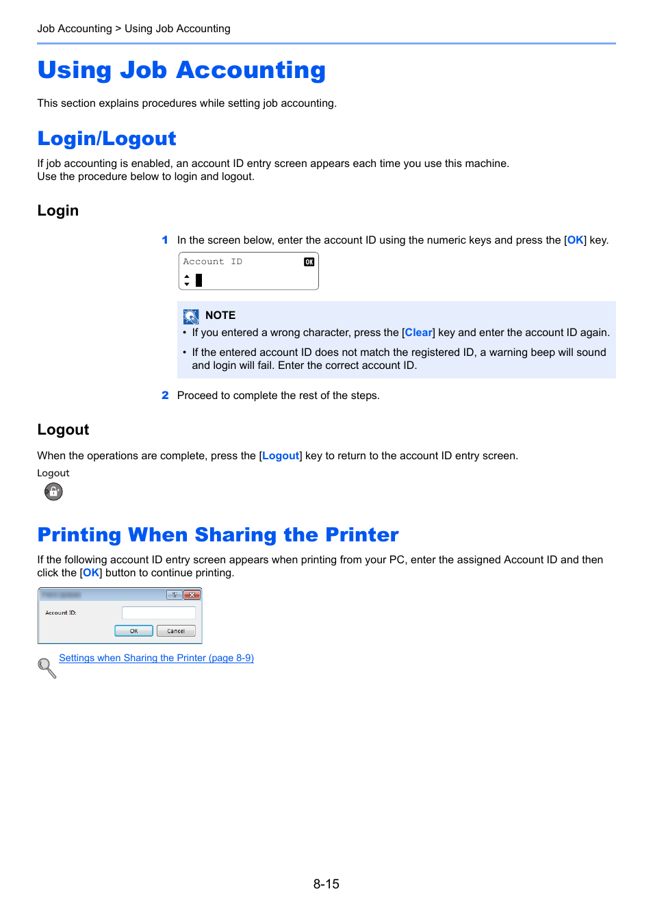 Using job accounting, Login/logout, Printing when sharing the printer | Using job accounting -15, Using job accounting on, Printing when sharing, Login, Logout | TA Triumph-Adler 1855 User Manual | Page 167 / 212