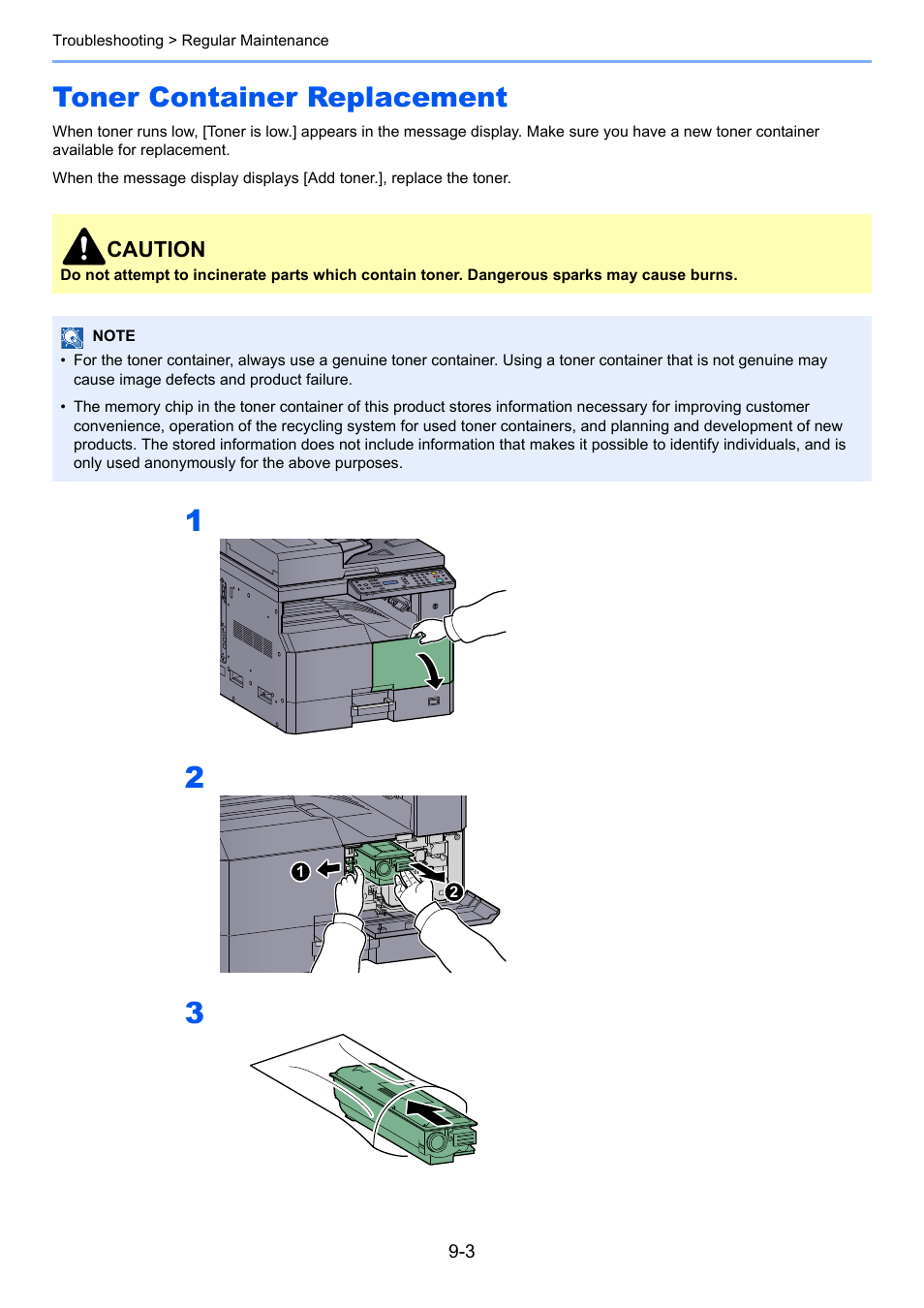 Toner container replacement, Toner container replacement -3 | TA Triumph-Adler 1855 User Manual | Page 170 / 212