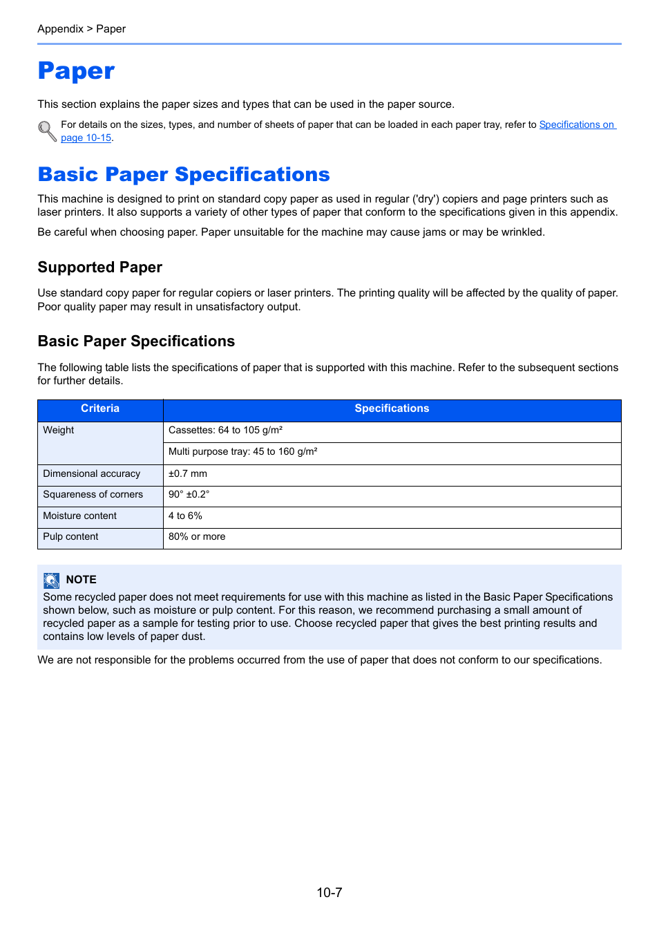 Paper, Basic paper specifications, Paper -7 | Basic paper specifications -7, Supported paper | TA Triumph-Adler 1855 User Manual | Page 193 / 212