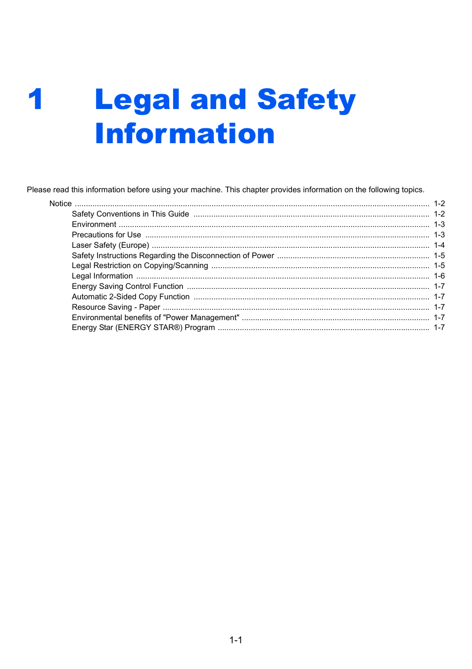 1 legal and safety information, Legal and safety information -1, Legal and safety information | 1legal and safety information | TA Triumph-Adler 1855 User Manual | Page 20 / 212