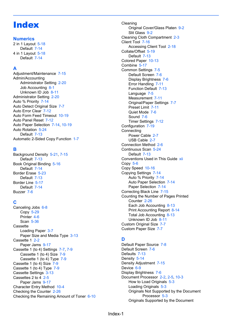 Index, Index-1, Numerics | TA Triumph-Adler 1855 User Manual | Page 207 / 212