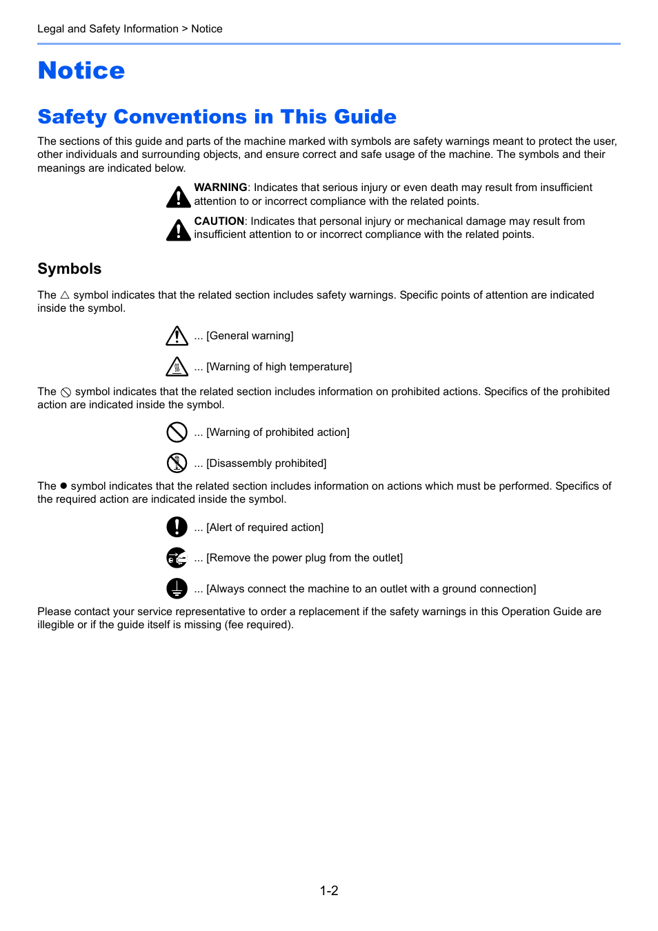 Notice, Safety conventions in this guide, Notice -2 | Safety conventions in this guide -2, Symbols | TA Triumph-Adler 1855 User Manual | Page 21 / 212