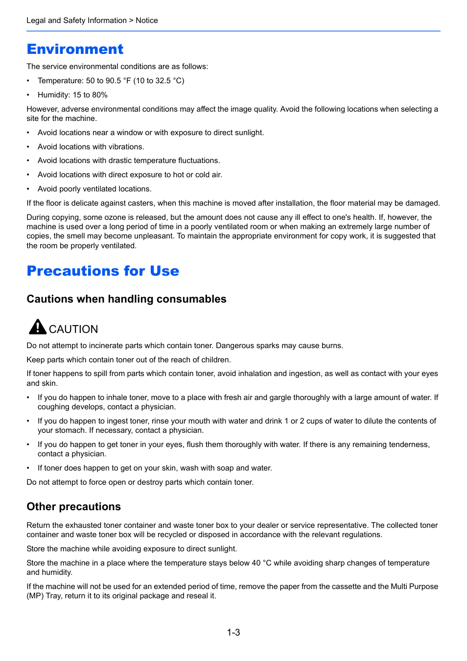 Environment, Precautions for use, Environment -3 precautions for use -3 | Cautions when handling consumables caution, Other precautions | TA Triumph-Adler 1855 User Manual | Page 22 / 212