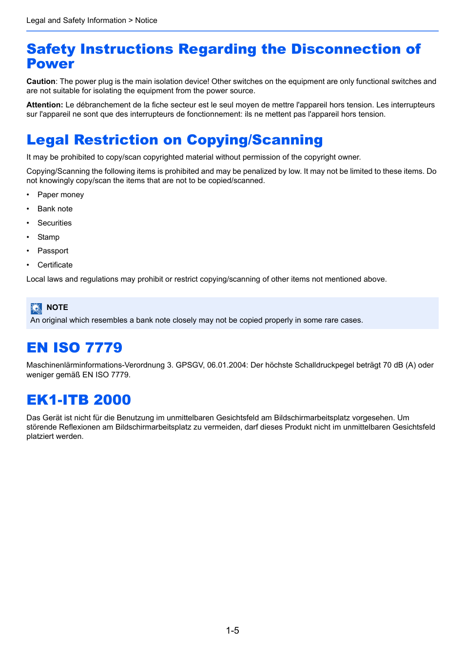 Legal restriction on copying/scanning, En iso 7779, Ek1-itb 2000 | TA Triumph-Adler 1855 User Manual | Page 24 / 212