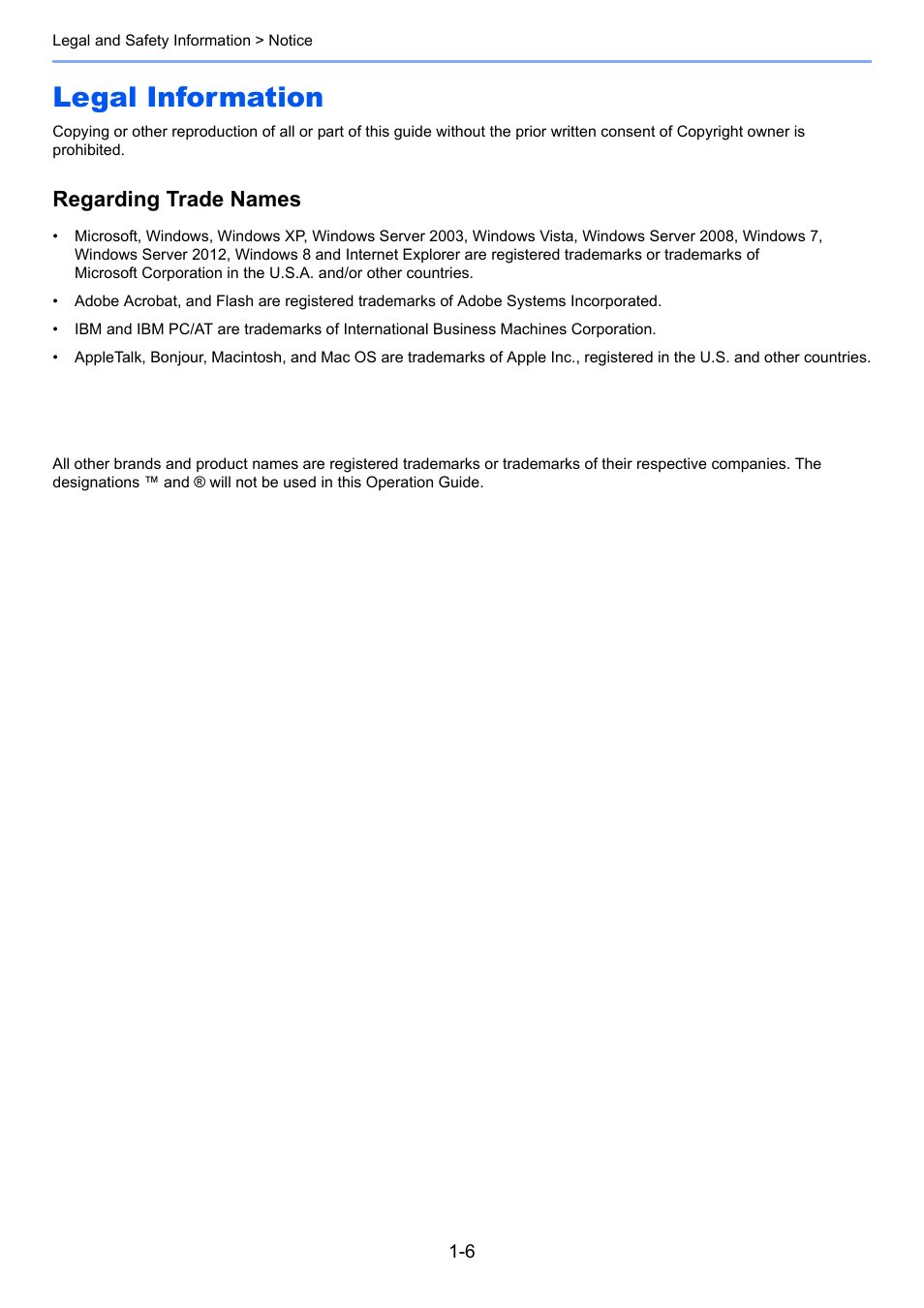 Legal information, Legal information -6, Regarding trade names | TA Triumph-Adler 1855 User Manual | Page 25 / 212
