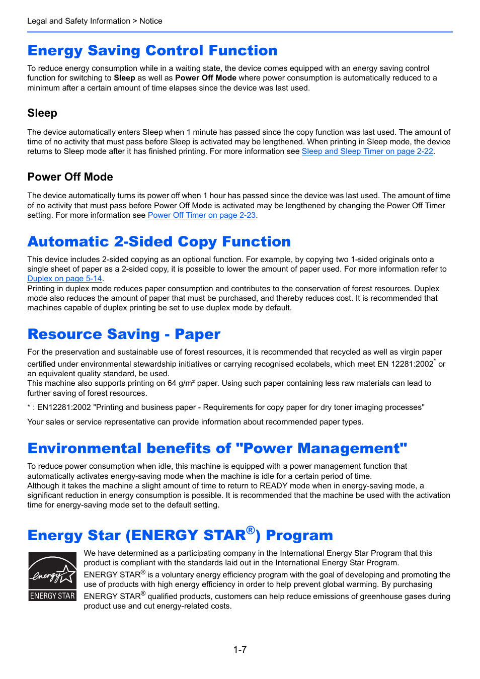 Energy saving control function, Automatic 2-sided copy function, Resource saving - paper | Environmental benefits of "power management, Energy star (energy star®) program, Energy star (energy star, Program, Sleep, Power off mode | TA Triumph-Adler 1855 User Manual | Page 26 / 212