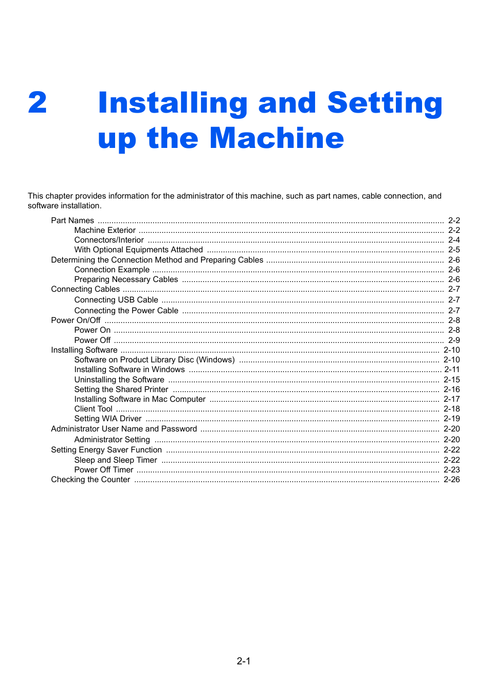 2 installing and setting up the machine, Installing and setting up the machine -1, Installing and | Installing and setting up the machine, 2installing and setting up the machine | TA Triumph-Adler 1855 User Manual | Page 27 / 212