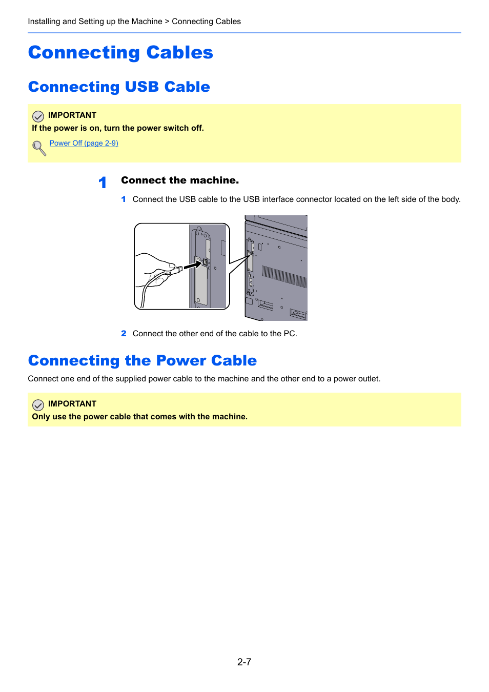 Connecting cables, Connecting usb cable, Connecting the power cable | Connecting cables -7 | TA Triumph-Adler 1855 User Manual | Page 33 / 212