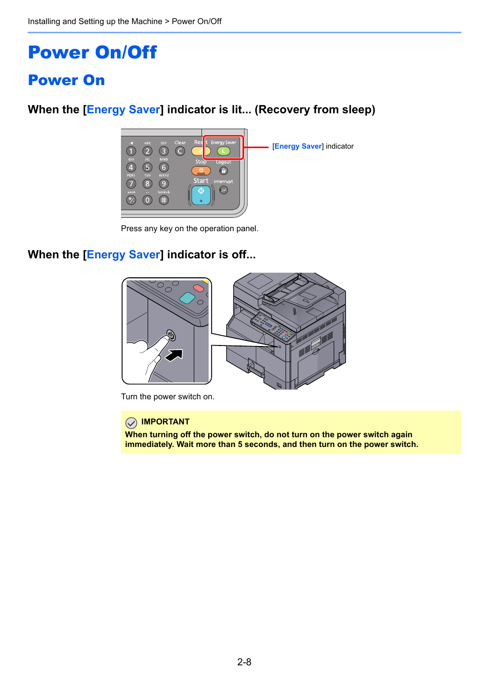 Power on/off, Power on, Power on/off -8 | Power on -8 | TA Triumph-Adler 1855 User Manual | Page 34 / 212