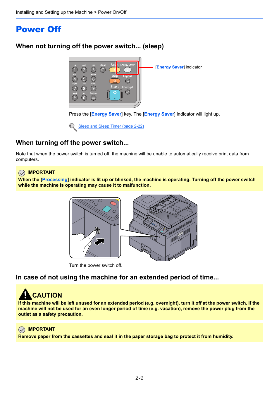 Power off, Power off -9, When not turning off the power switch... (sleep) | When turning off the power switch, Caution | TA Triumph-Adler 1855 User Manual | Page 35 / 212