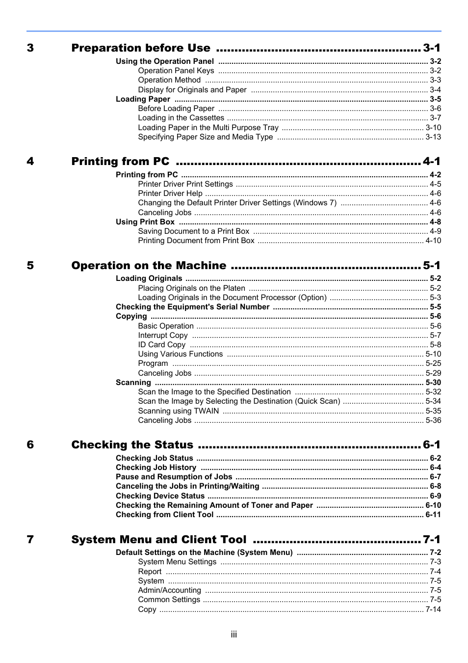 3preparation before use -1, 4printing from pc -1, 5operation on the machine -1 | 6checking the status -1, 7system menu and client tool -1 | TA Triumph-Adler 1855 User Manual | Page 4 / 212